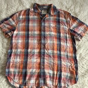 Tommy Bahama Jeans Shirt Mens XL Orange Blue Plaid Short Sleeve 100% Cotton